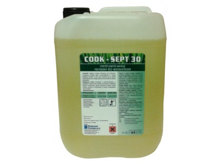 COOK SEPT30-5 - Fertőtlenítős kézi mosogatószer 5l - Konyhai eszközök, berendezések és főzőedények fertőtlenítő – zsíroldó mosogatásához, valamint élelmiszerrel érintkező felületek tisztítására, fertőtlenítésére. Kiemelt felhasználási területe a vendéglátás, a betegellátó- és közintézmények területe. Hatásspektrum: baktericid, fungicid, virucid.

• a fertőtlenítő komponens kvaterner alapú
• magasfokú koncentrátum, korszerû összetétel
• gazdaságos felhasználás
• erõs zsíroldás
